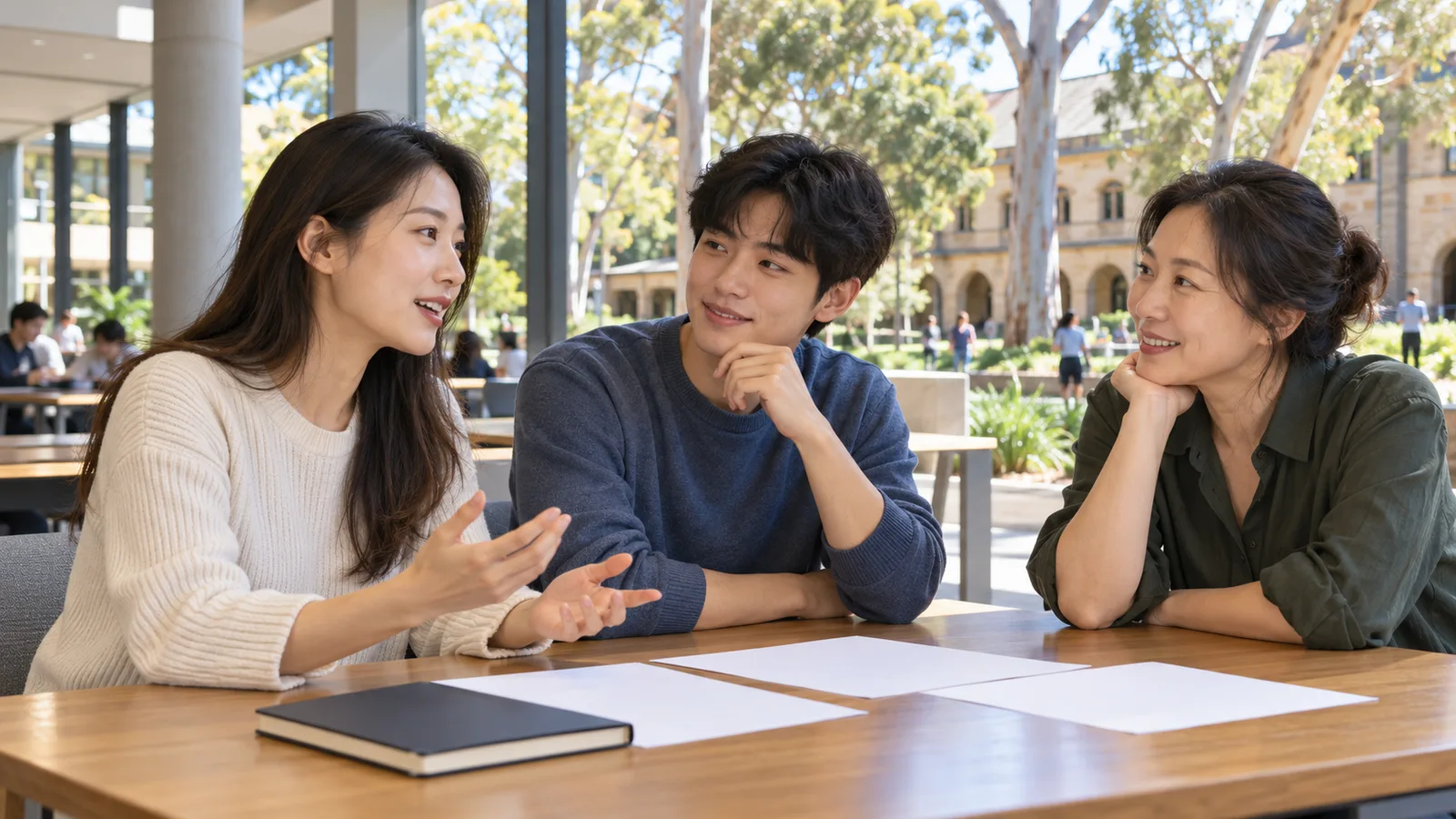 햇살이 드는 호주 대학 학습 공간에서 한국인 유학생 세 명이 빈 종이와 공책을 앞에 두고 차분히 대화하고 있다.