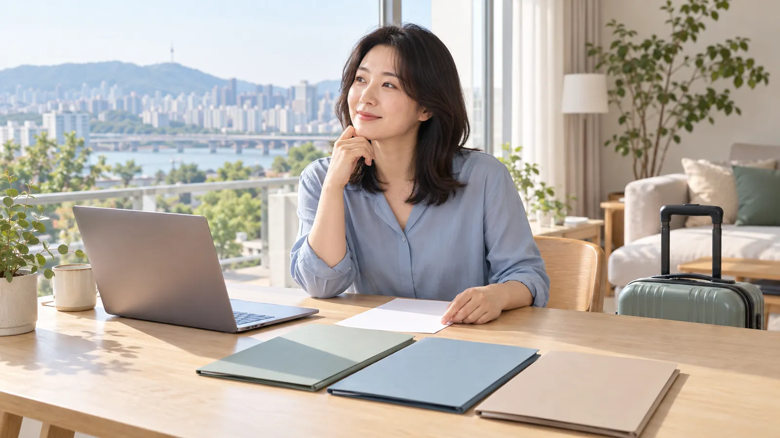 서울 도심이 보이는 밝은 집에서 여성이 노트북과 서류 폴더가 놓인 책상에 앉아 여행 가방을 곁에 두고 생각에 잠겨 있다.