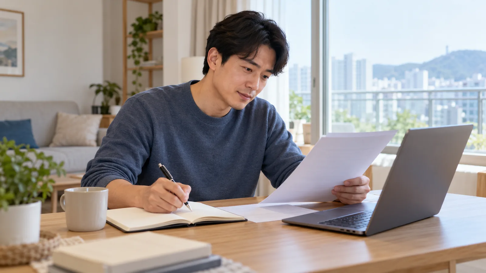 햇살이 드는 대전의 아파트에서 한국인 남성이 노트북 옆에 계약서를 들고 질문을 공책에 메모합니다.