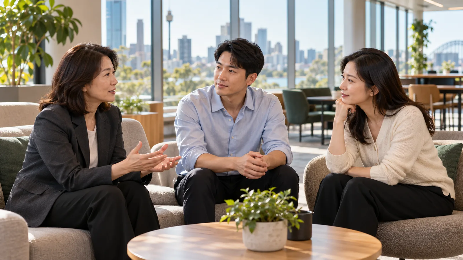 호주 도심이 보이는 밝은 사무실에서 한국인 직장인 세 명이 소파에 앉아 차분하게 대화하고 있다.