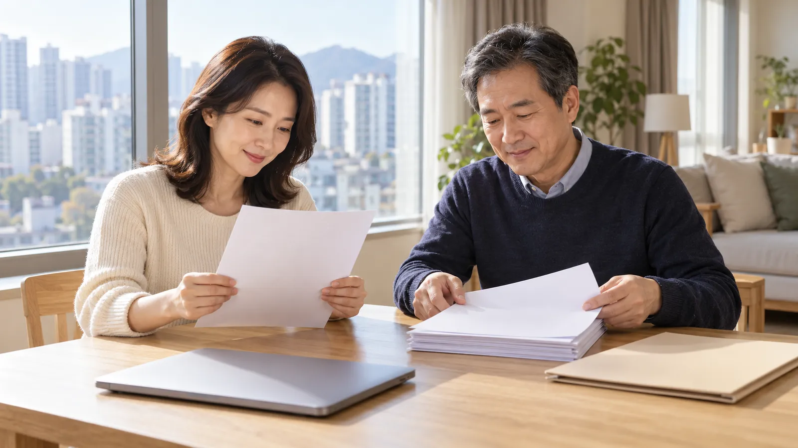 햇살이 드는 한국의 아파트에서 남녀 두 사람이 닫힌 노트북과 폴더가 놓인 식탁에 앉아 빈 종이를 살펴보고 있다.