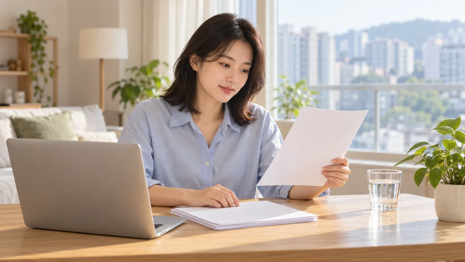 햇살이 들어오는 아파트에서 한국인 여성이 노트북 옆에 서류를 펼쳐 놓고 차분히 살펴보고 있다.