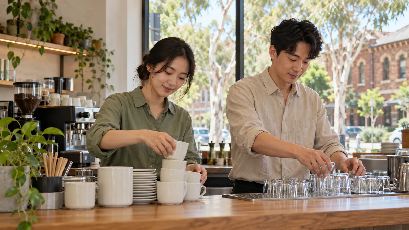 햇살이 들어오는 호주 카페에서 한국인 여성과 남성이 찻잔과 유리잔을 정리하고 있다.