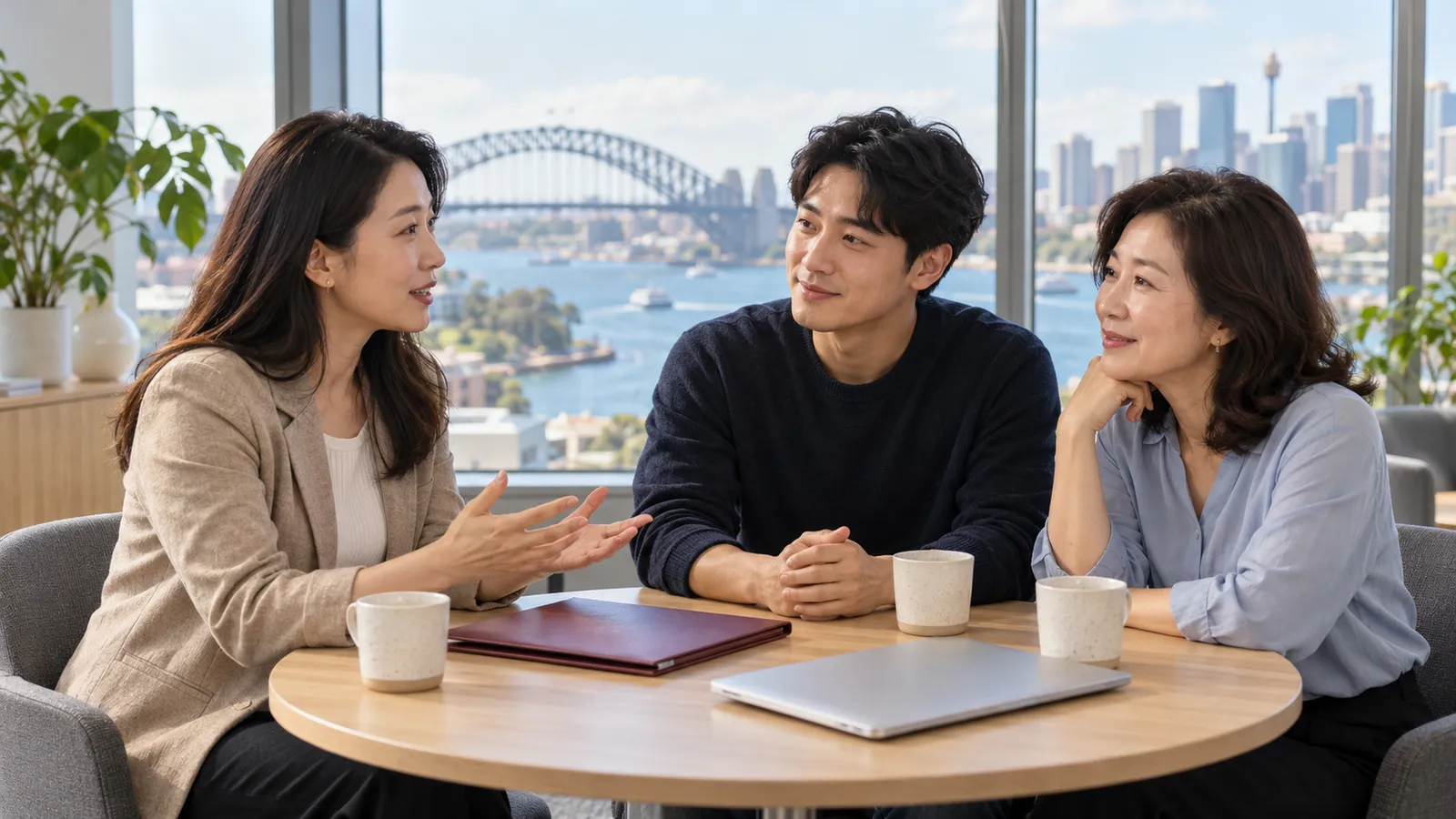 시드니 하버 브리지가 보이는 밝은 사무실에서 한국인 성인 세 명이 원탁에 둘러앉아 상담하고 있다.
