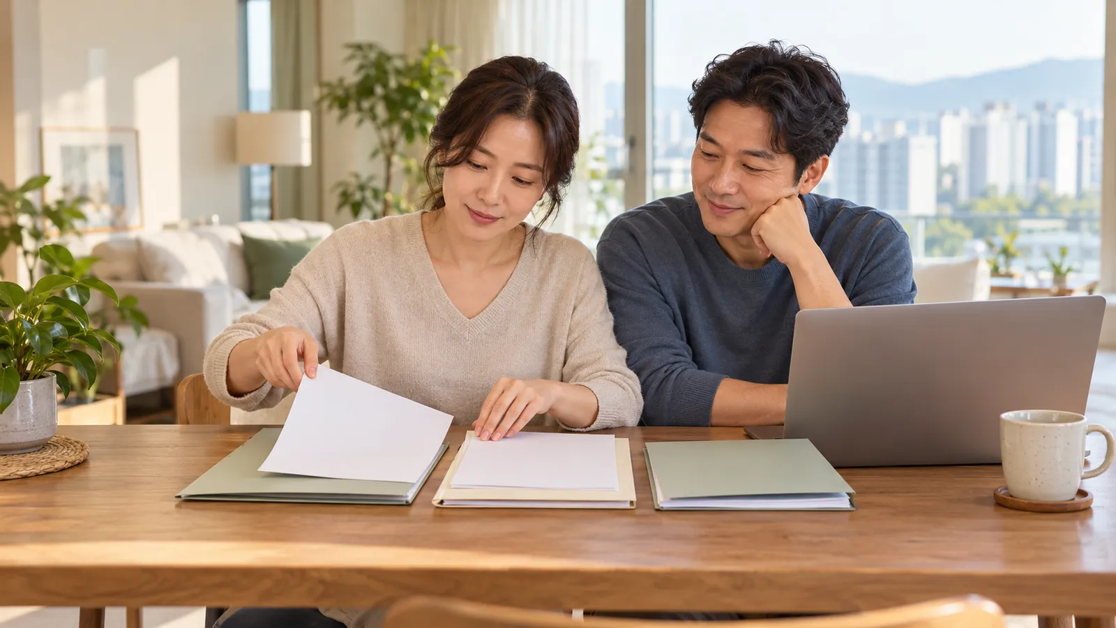 햇살이 드는 아파트에서 한국인 남녀가 노트북 옆에 놓인 빈 서류와 파일을 함께 정리하고 있다.