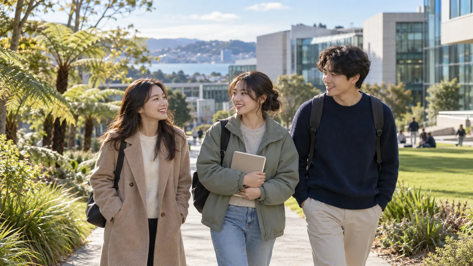 햇살이 비치는 뉴질랜드 대학 캠퍼스에서 한국인 유학생 세 명이 미소를 지으며 함께 걷고 있다.