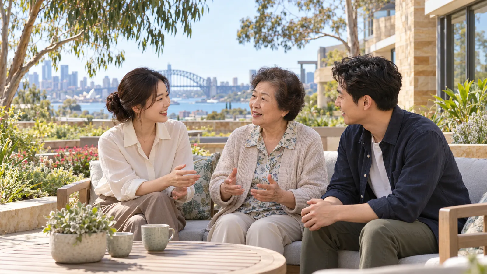 시드니 하버 브리지가 보이는 햇살 가득한 정원 테라스에서 젊은 한국인 남녀와 노년 여성이 웃으며 대화하고 있다.