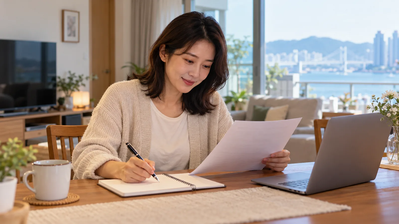 부산의 집 식탁에서 한국인 여성이 노트북 옆 근로계약서를 살펴보며 공책에 질문을 메모합니다.