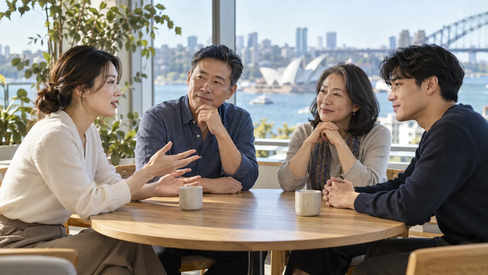 시드니 오페라하우스가 보이는 밝은 사무실에서 한국인 동료 네 명이 원형 탁자에 둘러앉아 의견을 나누고 있다.