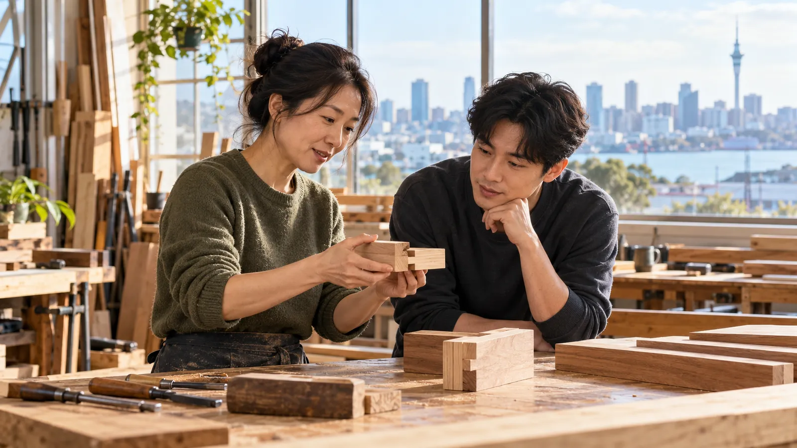 오클랜드 도심이 보이는 햇살 가득한 목공 작업장에서 한국인 여성이 남성 동료에게 목재 결합 방식을 설명하고 있다.