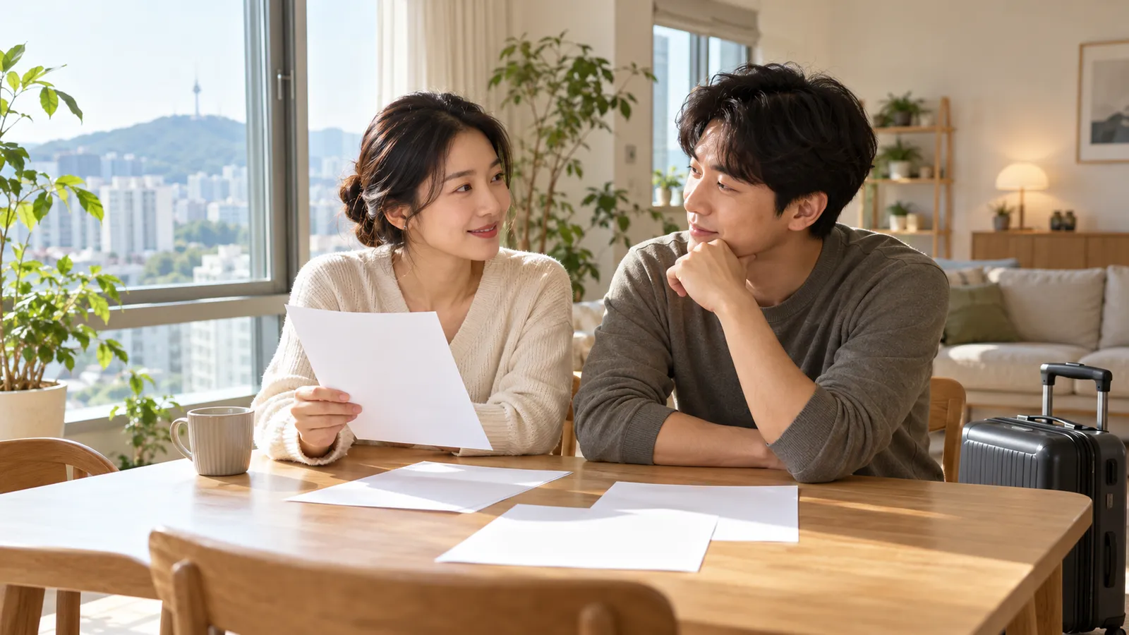 햇살이 드는 아파트에서 한국인 남녀가 빈 종이를 펼쳐 놓고 대화하며, 옆에는 여행 가방이 놓여 있다.