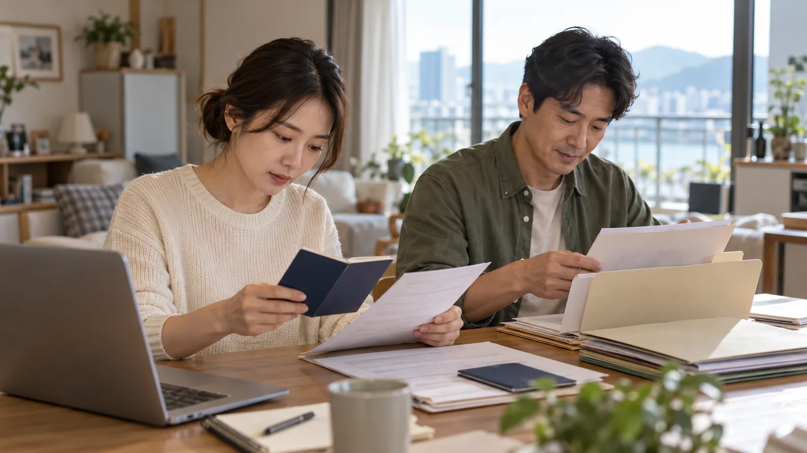 아침 햇살이 드는 한국의 집에서 여성이 여권과 근로계약서를 대조하고 옆의 남성이 서류를 폴더에 정리하고 있다.