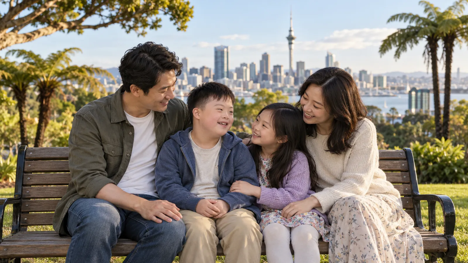 오클랜드 전경이 보이는 공원 벤치에서 한국인 부모와 아들, 딸이 나란히 앉아 서로 바라보며 웃고 있다.