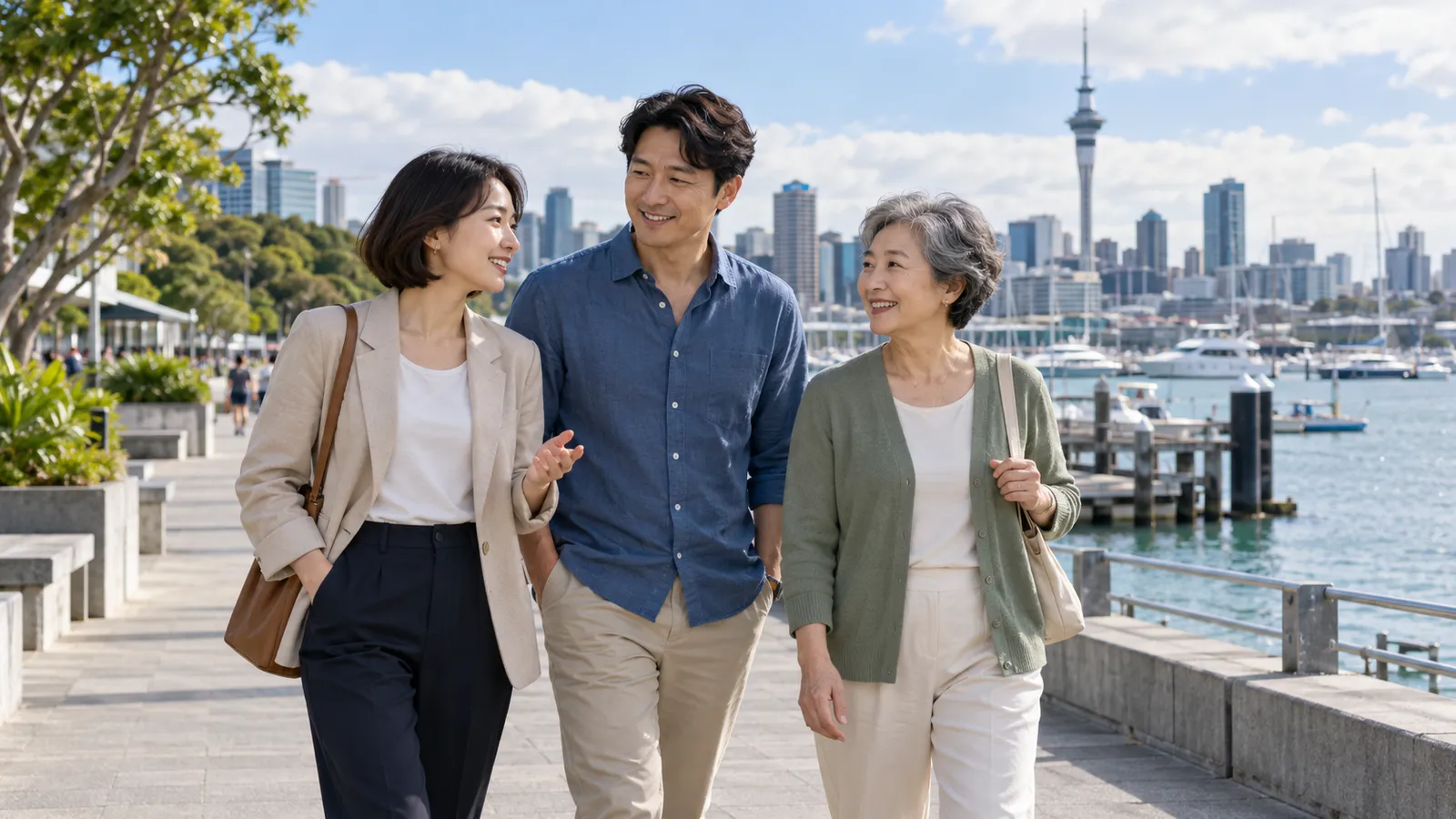 오클랜드 스카이타워와 항구를 배경으로 서로 다른 연령대의 한국인 남녀 세 명이 미소 지으며 산책로를 걷고 있다.