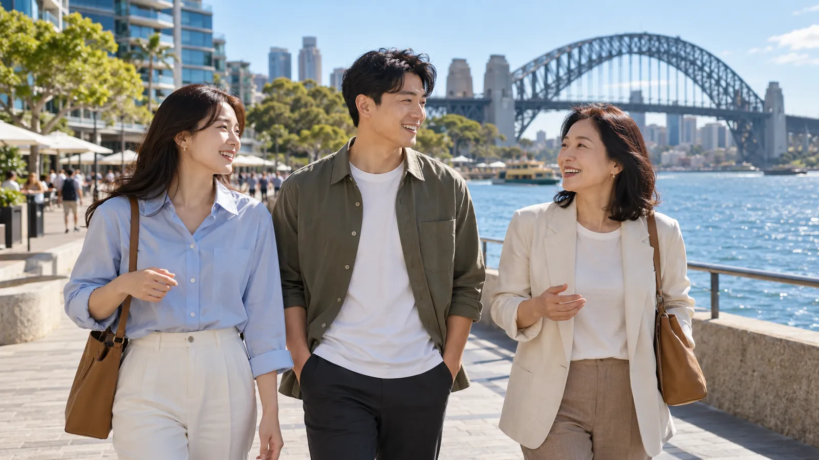 시드니 하버 브리지를 배경으로 한국인 성인 남녀 세 명이 햇살 가득한 해안 산책로를 걸으며 웃고 있다.