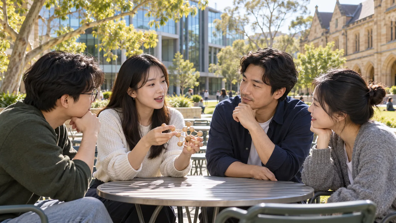 햇살이 비치는 호주 대학 캠퍼스의 야외 탁자에서 한국인 학생 네 명이 분자 모형을 보며 토론하고 있다.