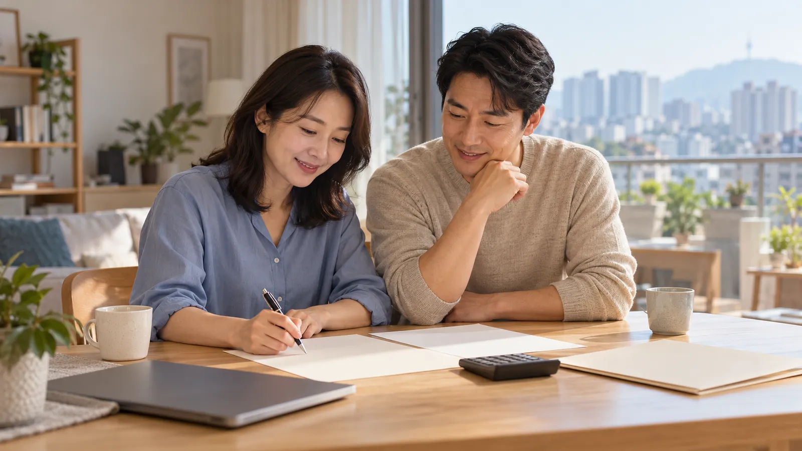 햇살이 드는 집에서 한국인 부부가 종이와 계산기를 앞에 두고 함께 이민 예산을 계획하고 있다.