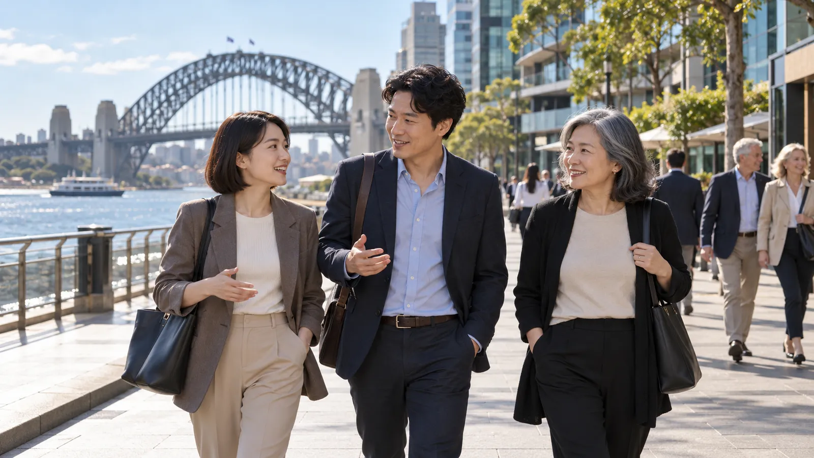 시드니 하버브리지가 보이는 해안 산책로에서 서로 다른 연령대의 한국인 남녀 세 명이 웃으며 대화하고 있다.