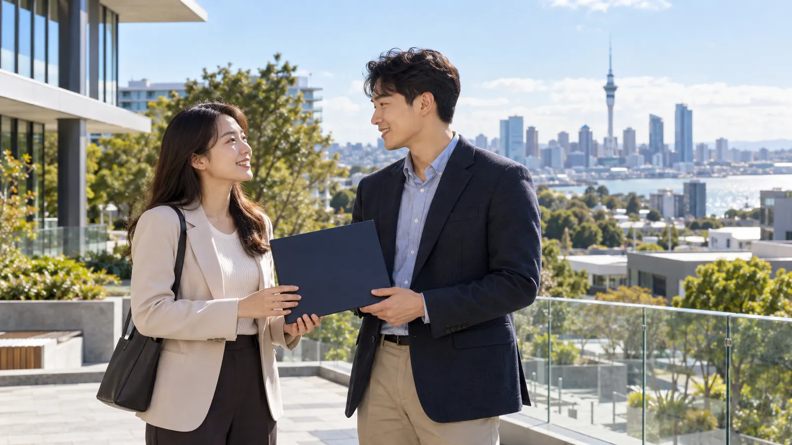 오클랜드 스카이라인이 보이는 대학 테라스에서 남녀가 남색 서류 폴더를 함께 들고 웃으며 대화하고 있다.