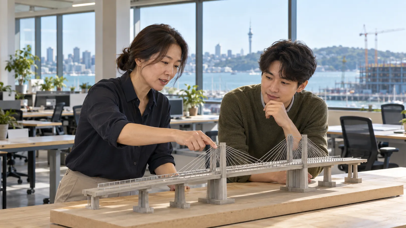오클랜드 항구가 보이는 사무실에서 한국인 선배 여성 엔지니어와 젊은 남성 엔지니어가 교량 모형을 함께 살펴보고 있다.