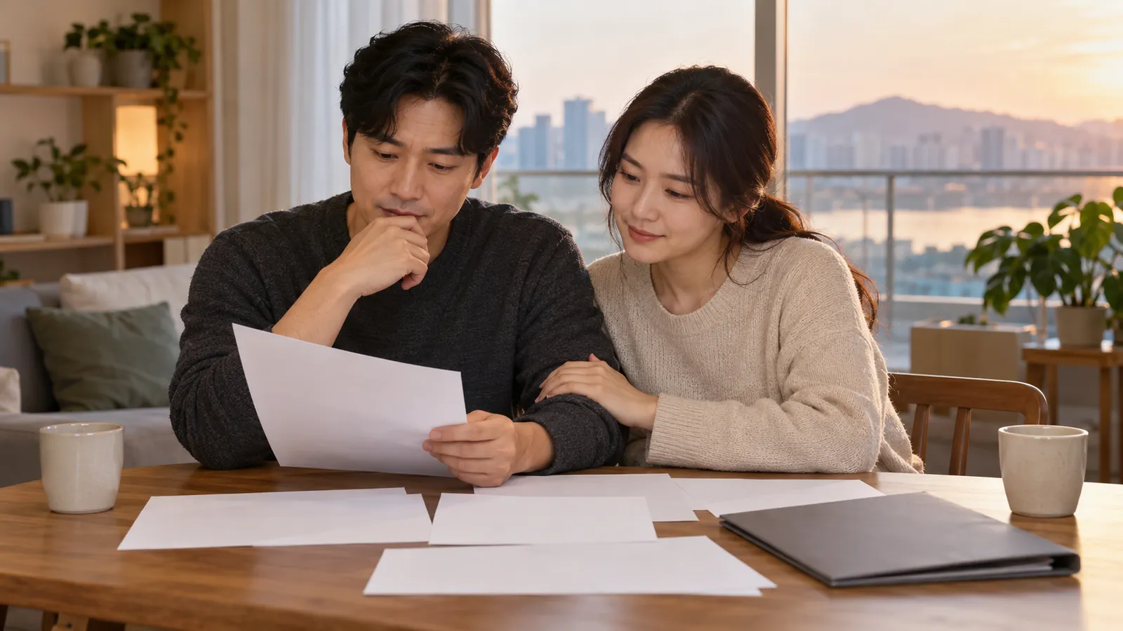 해 질 무렵 아파트 식탁에서 한국인 부부가 서로 의지하며 글씨 없는 서류를 함께 살펴보고 있다.