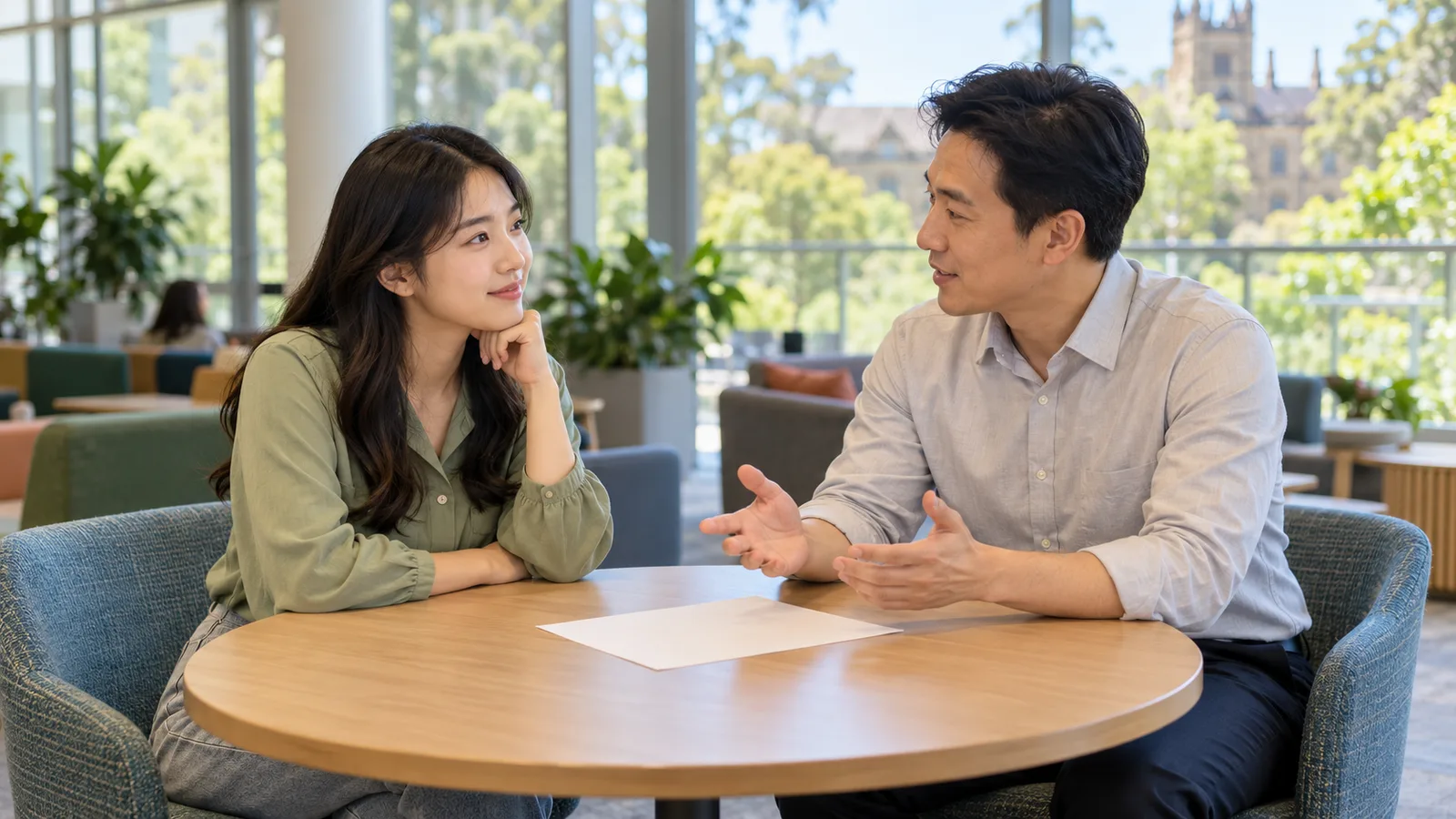 호주 대학의 밝은 상담 공간에서 한국인 여학생이 남성 상담자와 마주 앉아 학업 계획을 이야기한다.