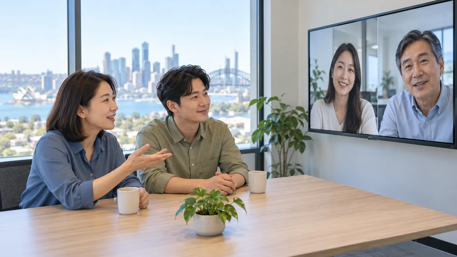 시드니 항구가 보이는 사무실에서 한국인 직장인 두 명이 대형 화면 속 원격 동료들과 화상회의를 하고 있다.