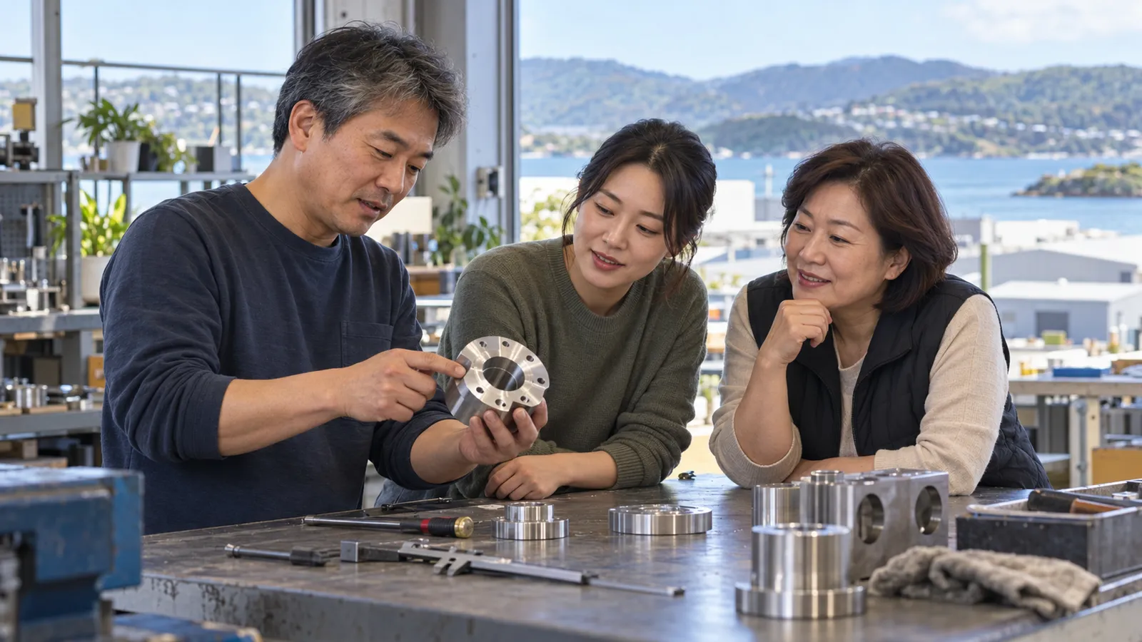 바다와 언덕이 보이는 뉴질랜드 작업장에서 한국인 중년 기술자가 두 여성에게 금속 부품을 설명하고 있다.