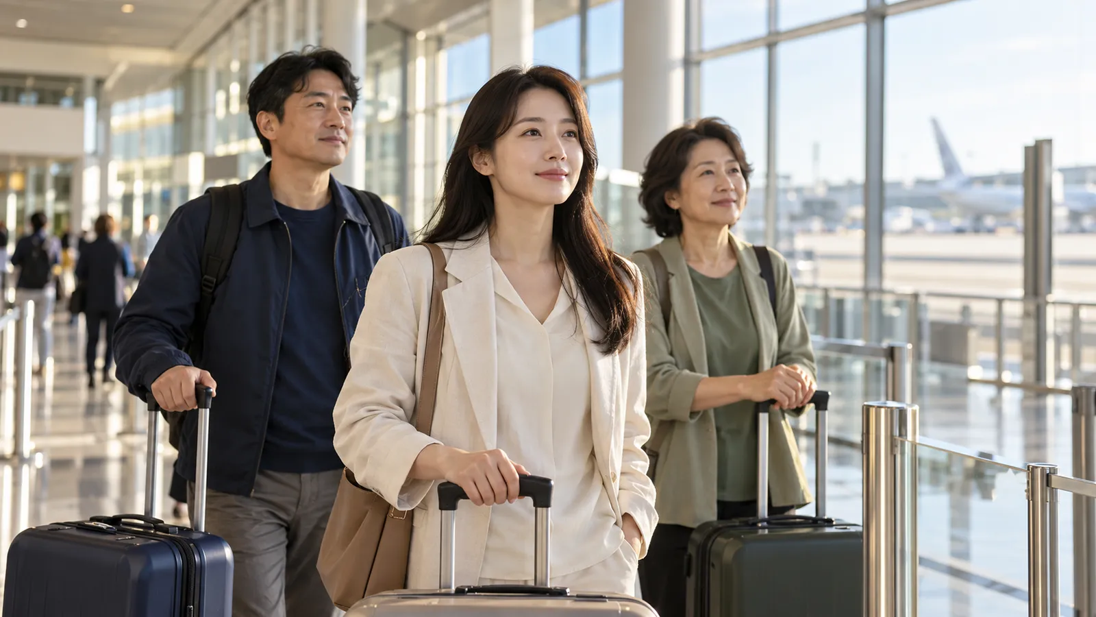 햇살이 들어오는 공항 터미널에서 한국인 성인 세 명이 여행 가방을 곁에 두고 차분히 기다리고 있다.