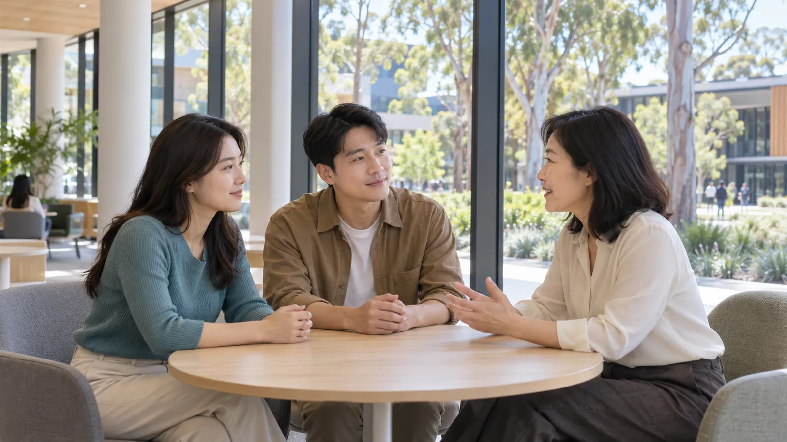 햇살이 드는 호주 대학 휴게 공간에서 한국인 유학생 두 명이 상담사와 원탁에 앉아 대화하고 있다.