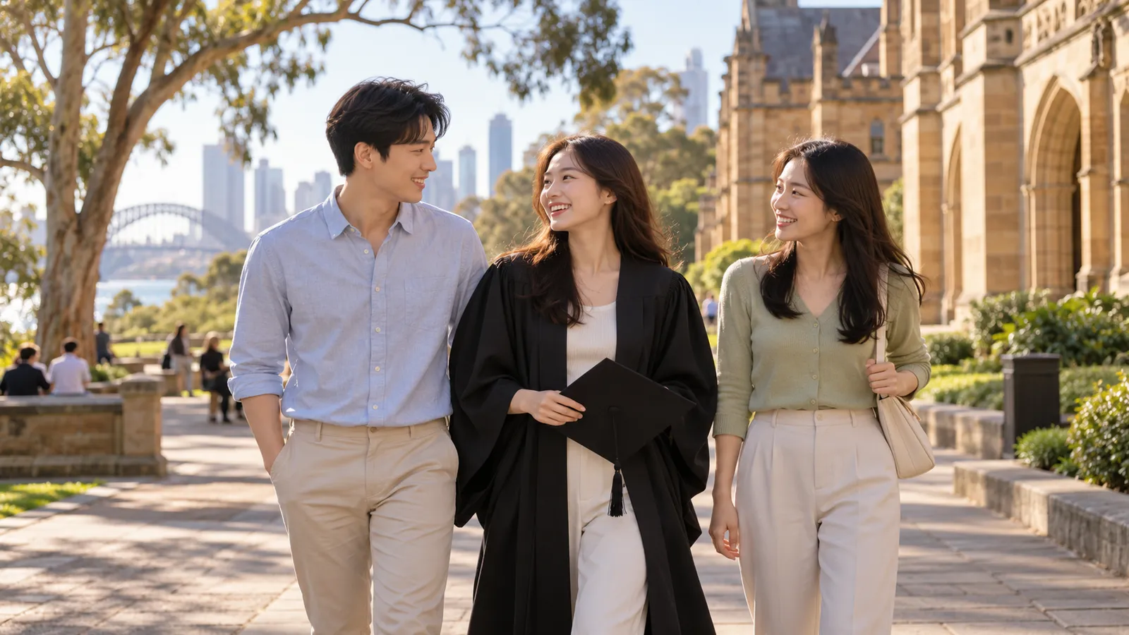 햇살이 비치는 호주 대학 캠퍼스에서 학사모를 든 졸업 가운 차림의 한국인 여성이 두 동행과 웃으며 걷고 있다.
