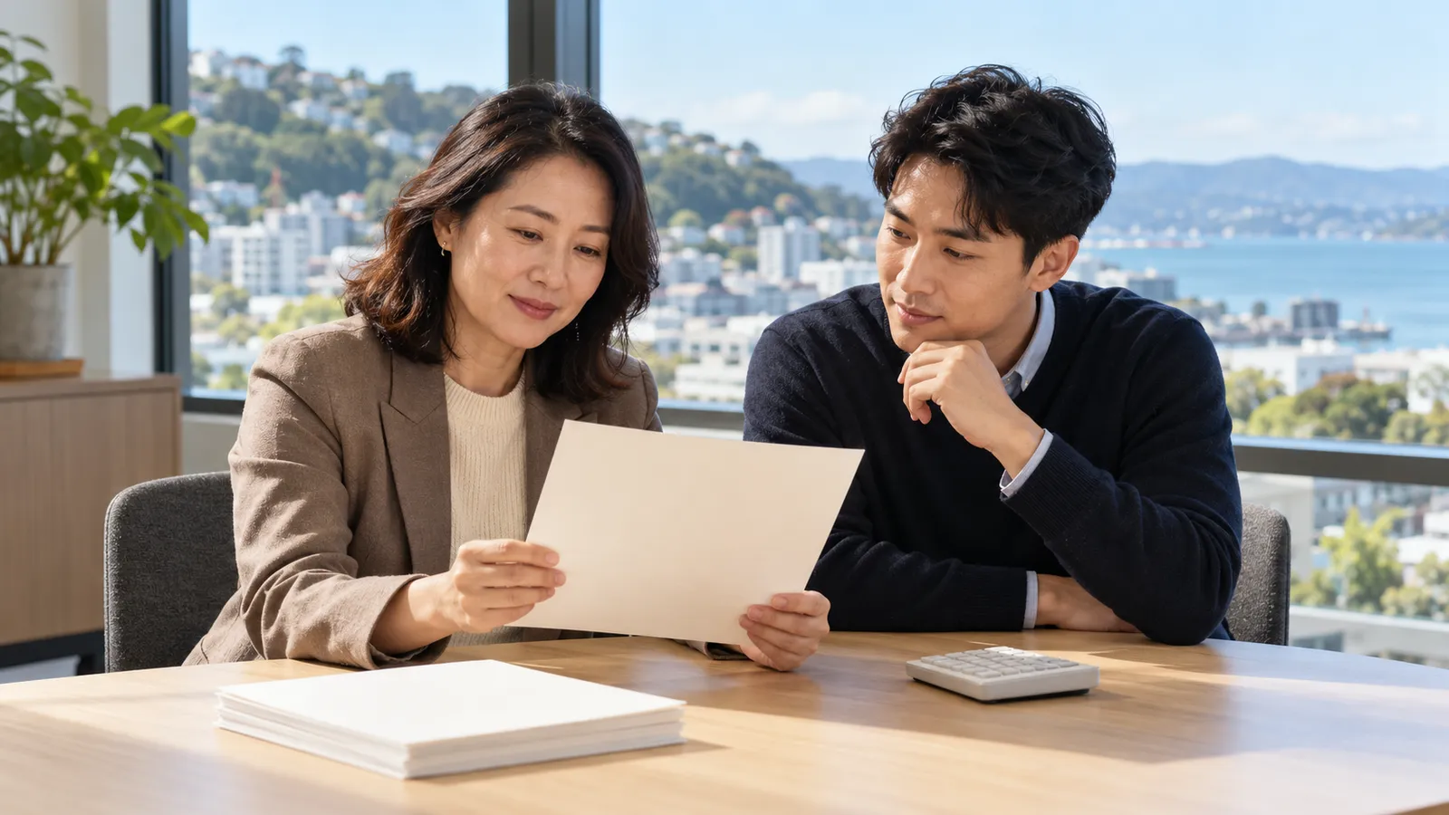 웰링턴 도심과 바다가 보이는 밝은 사무실에서 한국인 남녀가 계산기를 곁에 두고 빈 종이를 함께 살펴보고 있다.